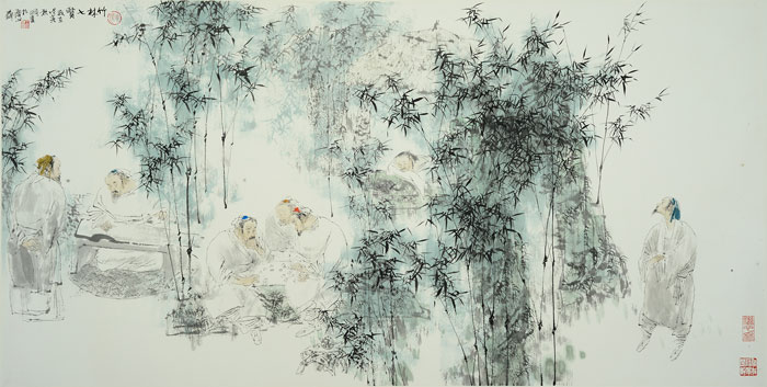 王明明-《竹林七贤》68cm&times;137cm-1998年纸本设色