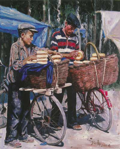 刘孔喜作品-《南疆速写&mdash;&mdash;卖烤馕》-布面油画--68cmX55cm--2011年